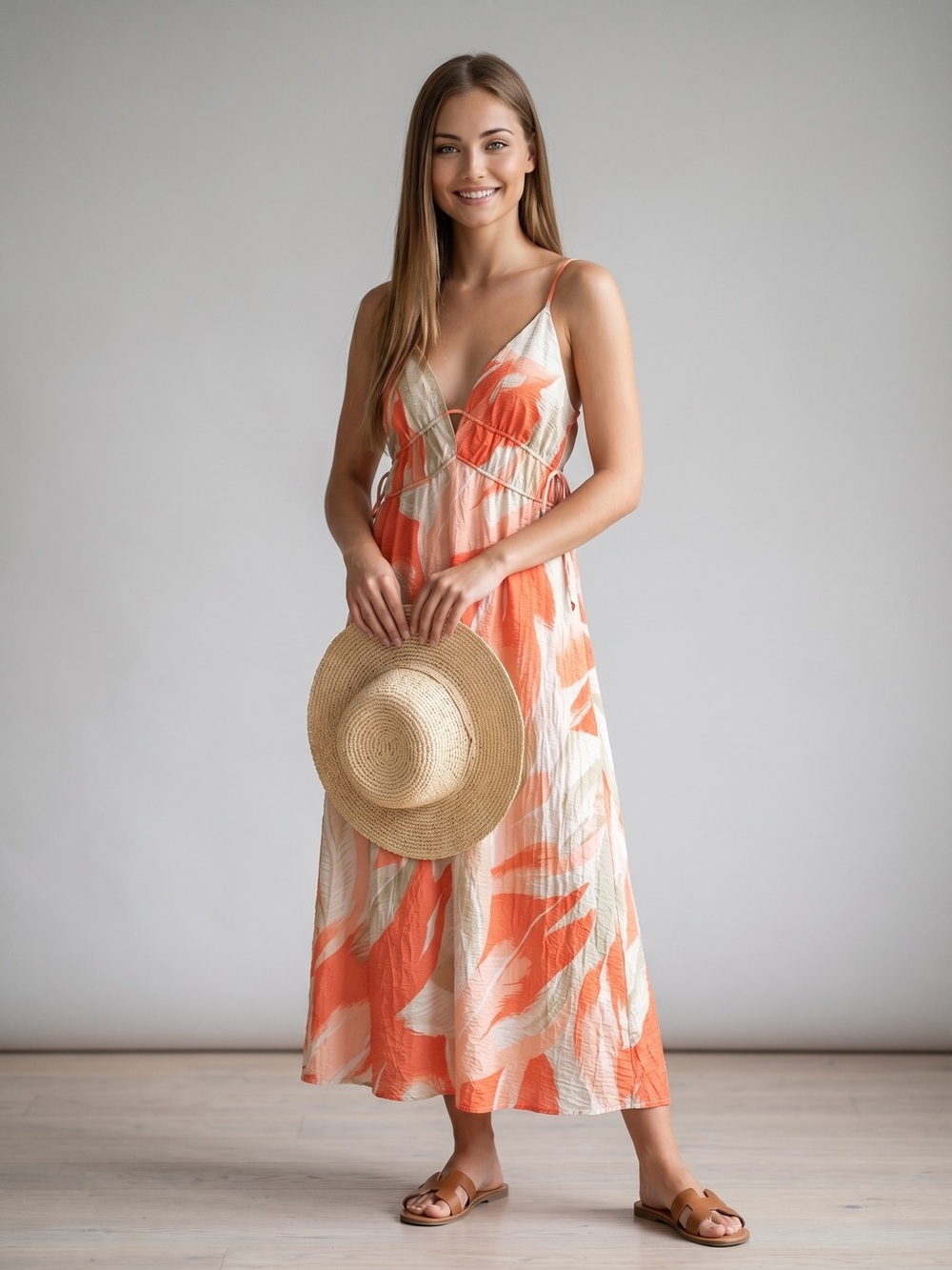 🌻H&M Coral Patterned Drawstring Detail Midi Dress Size Large